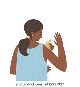 A large snail crawls on the shoulder of an African-American girl. Domestic snail on the shoulder. A girl has a slow sloth friend living in her house. Flat vector illustration