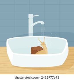 A large snail takes a shower in the sink. Caring for a snail at home. A slow sloth friend lives in the house. Flat vector illustration.