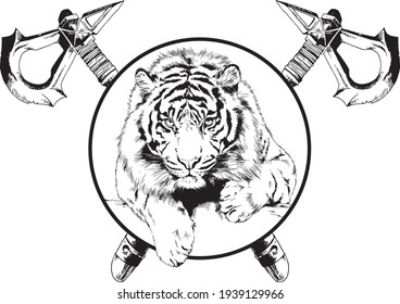 large snarling tiger with axes, hunting emblem, hand-drawn drawing without background