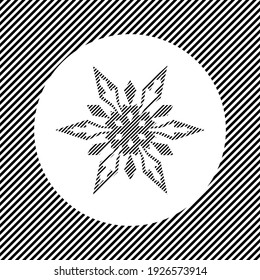 A large snowflake in the center as a hatch of black lines on a white circle. Interlaced effect. Seamless pattern with striped black and white diagonal slanted lines