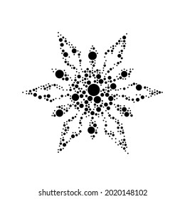 Un gran copo de nieve en el centro hecho al estilo del puntillismo. El símbolo central está lleno de círculos negros de varios tamaños. Ilustración del vector sobre fondo blanco