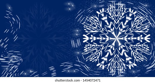 A large snowflake and snow against a dark blue sky with bright stars and highlights. Snowstorm, wind and snow. Background for the design of winter themes. Greeting card, New Year's invitation.