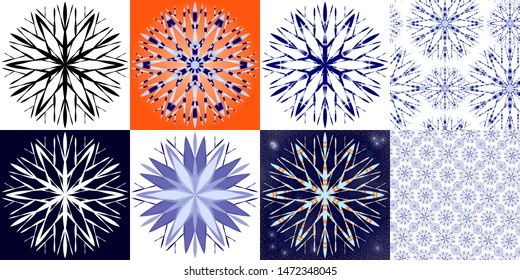 A large snowflake in the style of hand-drawing in 7 options for use - black, white, color, seamless pattern. Logo, icons on the theme of winter, space, cold, frost.