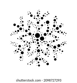 A large snowflake symbol in the center made in pointillism style. The center symbol is filled with black circles of various sizes. Vector illustration on white background