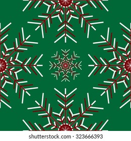 Large snowflakes on green background. Christmas seamless vector pattern