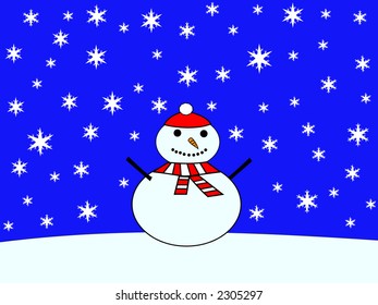 Large snowman dressed in hat and scarf with falling snow