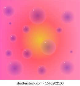 Large soap bubbles are in the pink space against the background of the yellow sun.