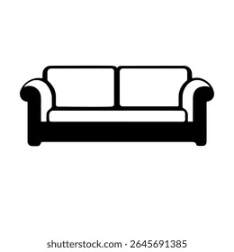 Un Grande icono de sofá en el centro. Símbolo negro aislado. Ilustración vectorial sobre fondo blanco