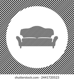 A large sofa symbol in the center as a hatch of black lines on a white circle. Interlaced effect. Seamless pattern with striped black and white diagonal slanted lines