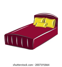 Large soft bed with three pillows. Interior. Interior Design. Furniture set. Isolated vector objects.
