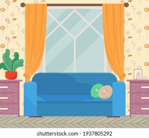 Large soft blue sofa in interior of living room. Arrangement of furniture and layout of apartment