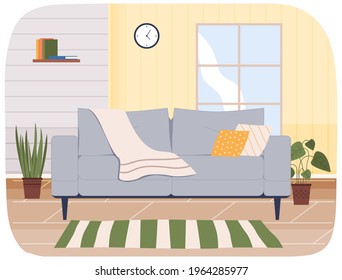 Large soft bright sofa in interior of living room. Arrangement of furniture and layout of apartment design. Couch with pillows, window, plants in pots. Living room decoration with interior elements