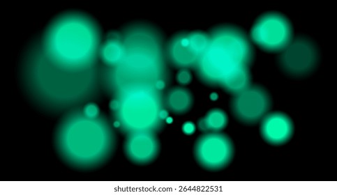 Large soft green bokeh circles with glow on black background, creating a dreamy abstract field. Suitable for festive, sci-fi or digital designs.