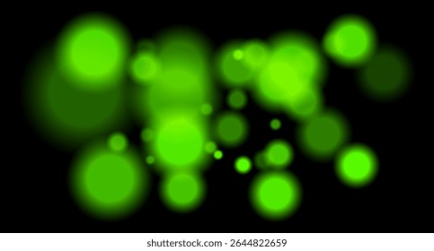 Large soft green bokeh circles with glow on black background, creating a dreamy abstract field. Suitable for festive, sci-fi or digital designs.