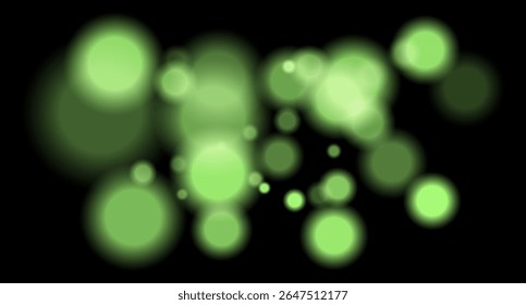 Large soft green bokeh circles with glow on black background, creating a dreamy abstract field. Suitable for festive, sci-fi or digital designs.