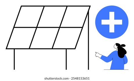 Large solar panel with geometric sections and a person pointing towards a large blue circle with a white plus symbol. Ideal for renewable energy, clean technology, sustainability, eco-friendly