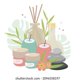 Large spa set. Pastel shades. Essential oil, green bamboo branches, black spa stones, moisturizer, vanilla flowers, incense sticks, candles. Natural cosmetics and aromatherapy. Vector flat isolated.