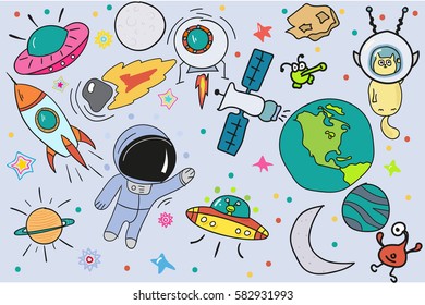 a large space set. Astronauts, UFOs, planets, satellites, moon and more.Vector calligraphy with decor elements. Hand drawn lettering collection. Design for t-shirt and prints. Funny color posters.