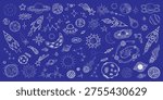 Large space set. Vector sketch hand drawn. Planets, stars, constellations, comets, meteorites. Traveling the universe on a rocket. Aliens. Moon Sun. Line art graphic illustration.