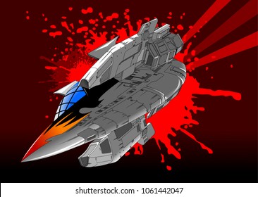 large space ship of gray color with a pattern of fire at the stern
