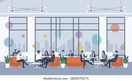 Large spacious modern office workspace with employees and abstract floating shapes near large windows.
