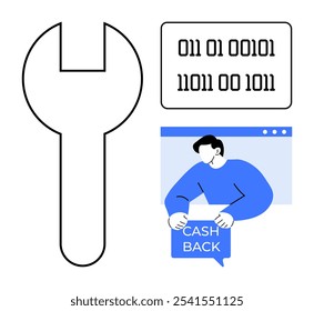 Large spanner with binary code tablet and person holding cashback icon on screen. Ideal for technology, coding, digital finance, customer rewards, e-commerce. Minimalistic vector art style