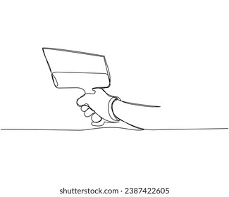 Large spatula for plaster in hand, protective gloves one line art. Continuous line drawing of repair, professional, hand, people, concept, support, maintenance.