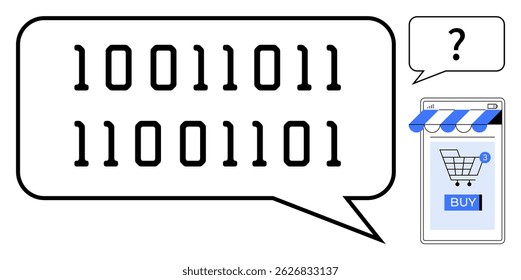 Large speech bubble displays binary code next to a mobile device screen showing shopping cart and BUY button with question mark. Ideal for technology, coding, e-commerce, digital communication