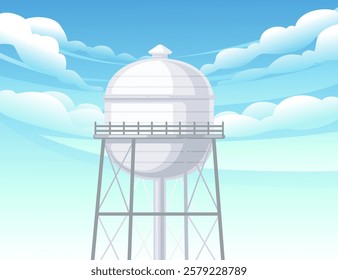 Large spherical water storage tank supported by a metal frame. Industrial design with strong structure. Vector illustration with cloud sky background