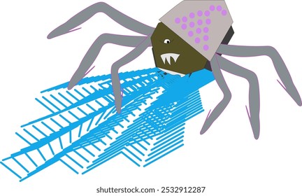 Grande araña se sienta en el Web. El insecto depredador 3D prepara la trampa. Ilustración vectorial para Halloween. Zoología infantil. Criatura venenosa aterradora en estilo divertido
