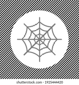 A large spider web symbol in the center as a hatch of black lines on a white circle. Interlaced effect. Seamless pattern with striped black and white diagonal slanted lines