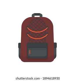 Gran mochila deportiva, cereza con bolsillos grises, aislada en un fondo blanco.Elegante mochila marrón de viaje con bolsillo de malla para viajes y deportes. Estilo de caricatura. Estilo plano. Vector