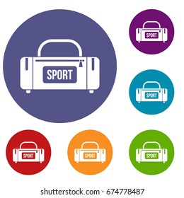 Large sports bag icons set in flat circle reb, blue and green color for web