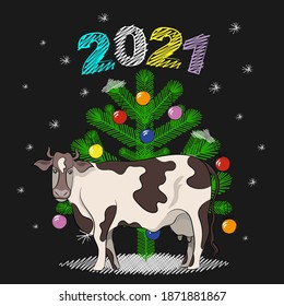 A large spotted cow, as a symbol of the New Year, against the background of a Christmas tree decorated with colorful balls. Top inscription - 2021. Vector illustration.