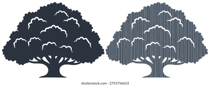 Large spreading tree silhouette collection, nature landscape element, vertical line style