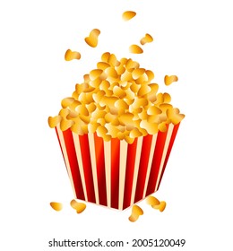 Large square carton box with red stripes and a lot of gold grains on the top. Takeout fastfood for tv movies fall in the air. Pop corn in take away rectangle packaging isolated on white background.
