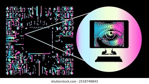 Large square filled with pixelated, glitch-like patterns in cyan and magenta and a pixelated image of a computer monitor displaying a stylized eye. Concept related to artificial intelligence.