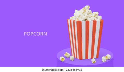 Large square striped popcorn bucket. Realistic illustration of movie snack in package. Template on violet background with text. Concept for fast food producers