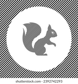A large squirrel symbol in the center as a hatch of black lines on a white circle. Interlaced effect. Seamless pattern with striped black and white diagonal slanted lines