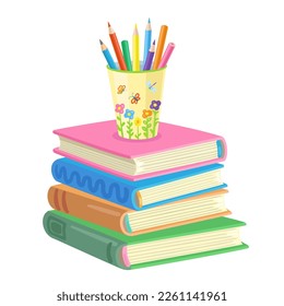 A large stack of books and a glass of colored pencils on it. In cartoon style. Isolated on white background. Vector flat illustration