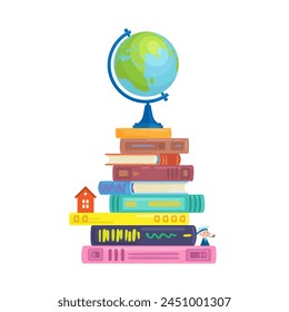 Grande pila de libros con juguetes y globo terráqueo en la parte superior. En estilo de dibujos animados. Aislado sobre fondo blanco. Ilustración plana de Vector