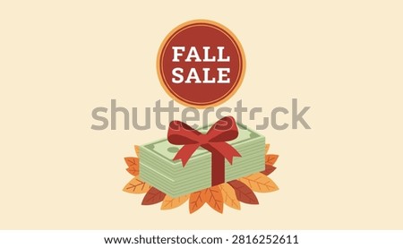 Large stack of green cash wrapped in a red ribbon with a bow on top of autumn leaves for a fall sale campaign.