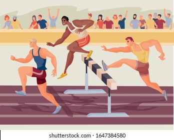 at a large stadium, three athletes compete in running with obstacles and are worried about them in the stands and are supported by their friends and just people,