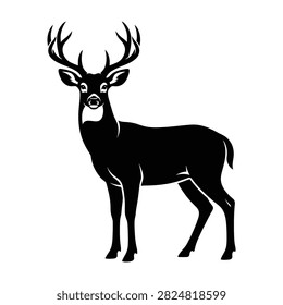 A large stag with impressive antlers stands alone in a natural setting, exuding power and serenity