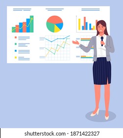 Gran soporte con gráficos de barras, gráficos circulares, gráfico de área, datos estadísticos y analíticos. La chica con traje de negocios y micrófono da presentación o entrenamiento, apuntando al puesto de información