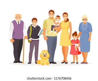 Large standing smiling family on a white background. Love and affection. Vector illustration