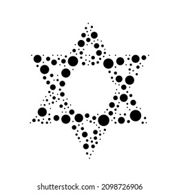 A large star of David symbol in the center made in pointillism style. The center symbol is filled with black circles of various sizes. Vector illustration on white background