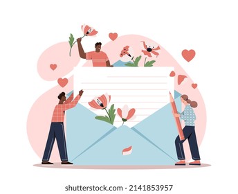 Large stationery concept. Men and young girl next to big envelope. Romantic correspondence and surprises. Flowers and spring season, characters send present. Cartoon flat vector illustration