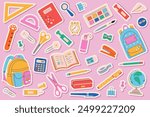 Large stationery set. Collection of school supplies and education stickers. Back to school. Backpack, books, paints, globe, alarm clock, stapler, tape, pencil box, ruler, pen, pencil. 