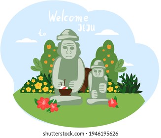 Large statues, stone idols surrounded by Jeju landscape. Nature and architecture of island in Korea